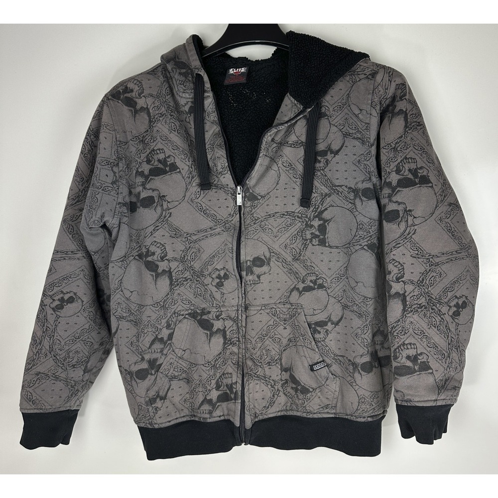MMA Elite Hoodie Sherpa Lined Grunge Full Zip Y2K Alt Punk Skull Emo Mens Medium - Picture 4 of 16